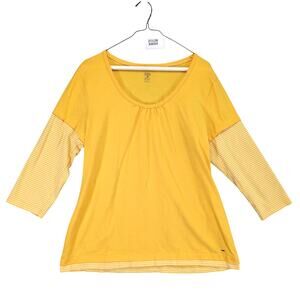 Tommy Hilfiger Women's XL Cotton Yellow 2-Fer Blouse, Scoop Neck Long Slv Stripe